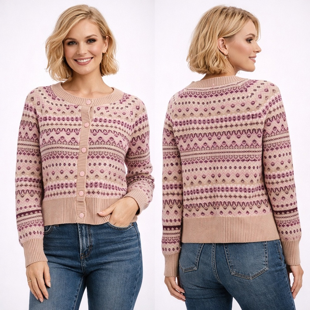 Cynthia Rowley NWT Fair Isle Pink & Tan Knit Cardigan Sweater Women’s Size Small